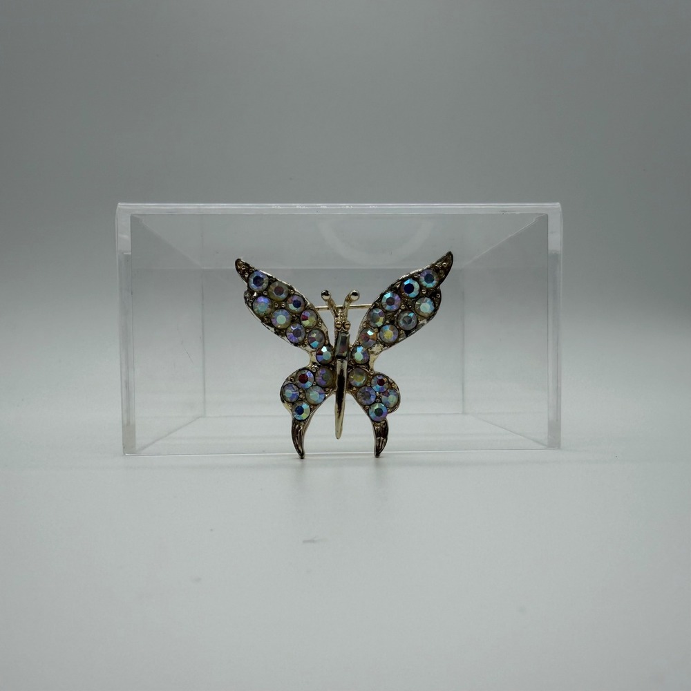 Vintage Gold Tone Butterfly Brooch Aurora Borealis AB Rhinestone Iridescent Pin